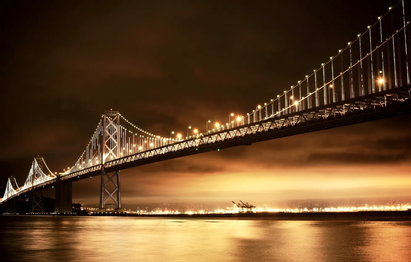 Photo wallpaper night, bridge, the city, lights, lighting, CA, Bay, San Francisco