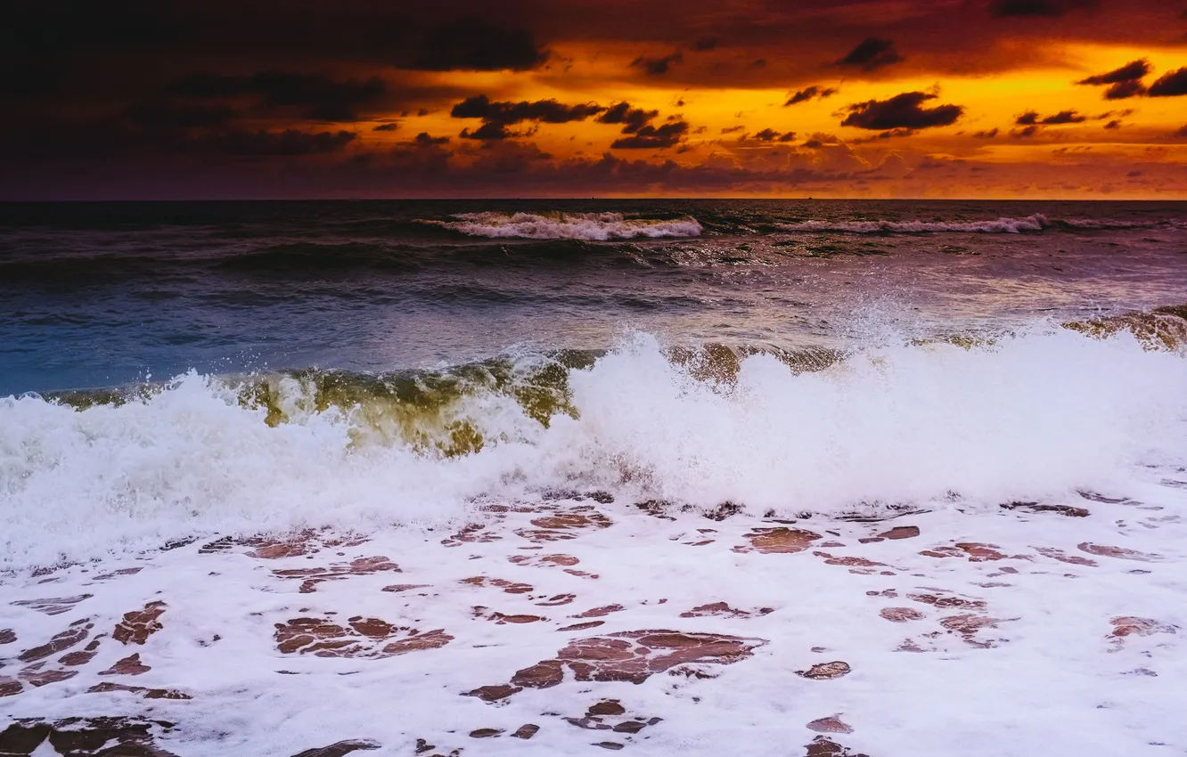 Photo wallpaper sea, wave, clouds, sunset, horizon, orange sky