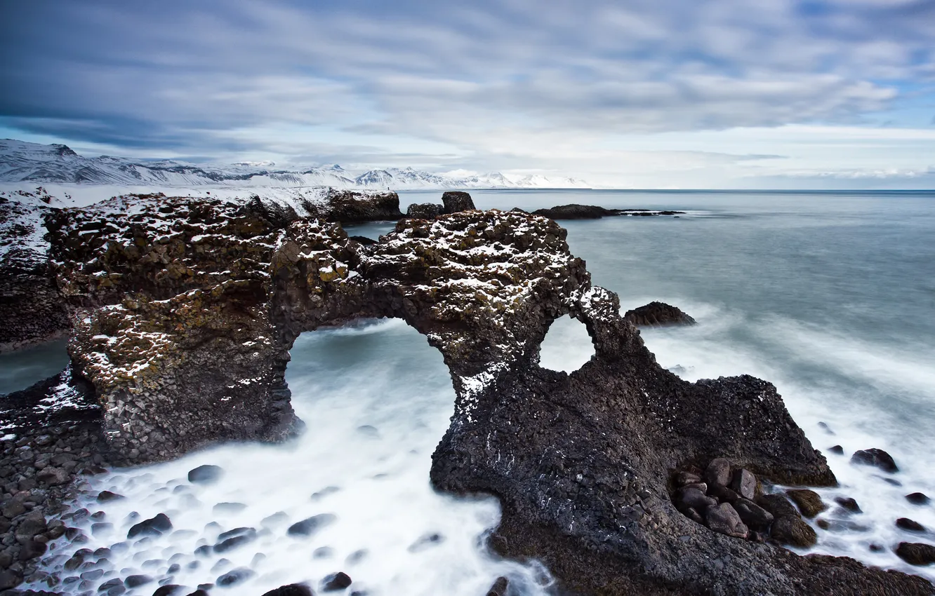 Photo wallpaper winter, sea, the sky, water, stones, rocks, arch