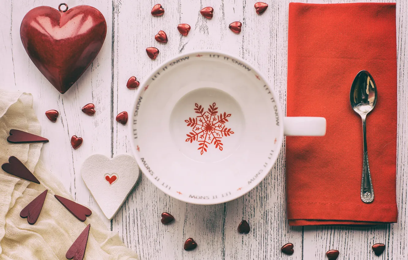 Photo wallpaper heart, spoon, Cup, snowflake, napkin