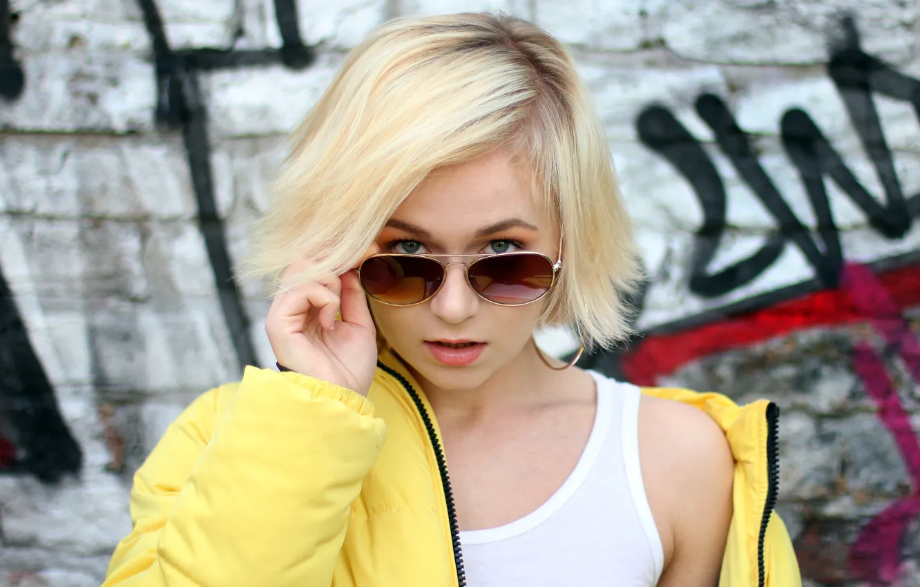 Photo wallpaper look, girl, Mike, glasses, jacket, blonde