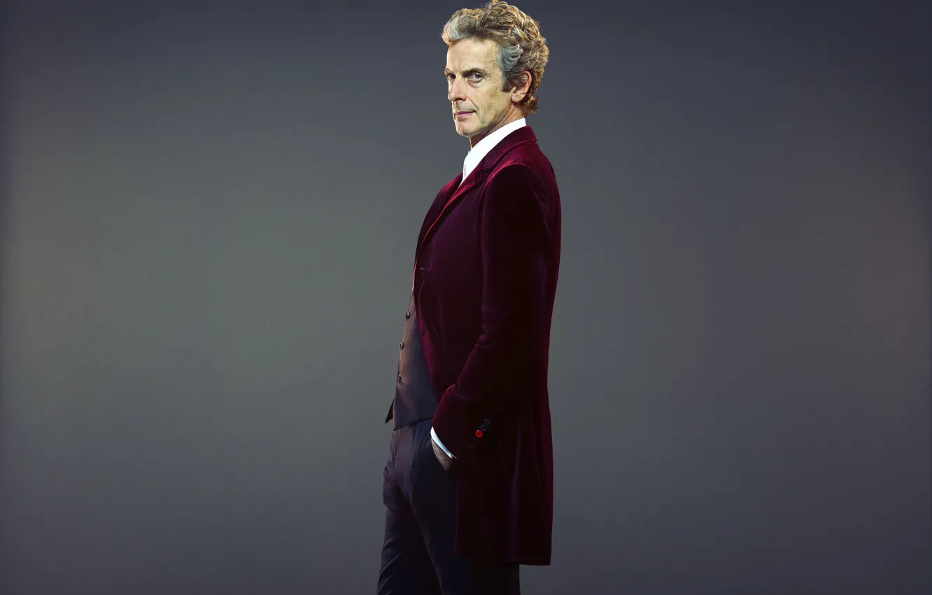 Photo wallpaper look, actor, male, jacket, grey background, Doctor Who, Doctor Who, Peter Capaldi