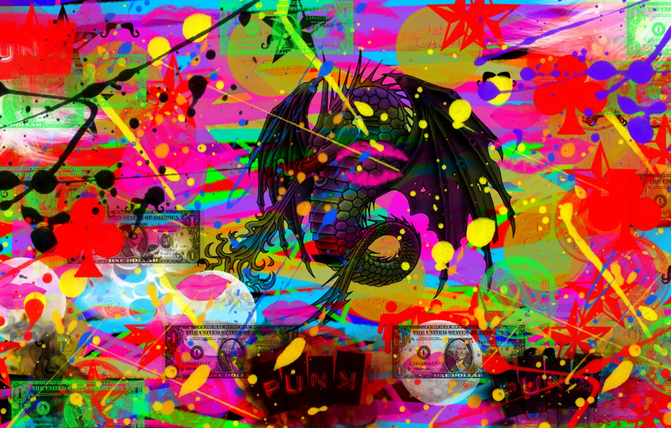 Photo wallpaper drops, paint, dragon, money, brush