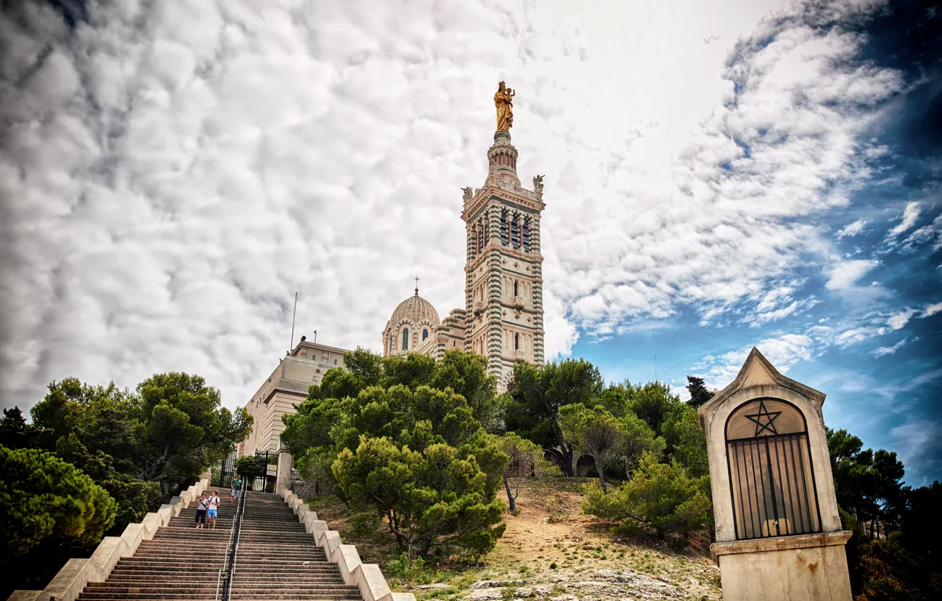 Photo wallpaper the sky, clouds, trees, hills, the rise, France, tower, ladder