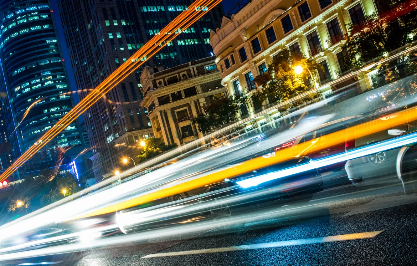 Photo wallpaper road, the city, markup, excerpt, blur, night, cars, skyscrapers