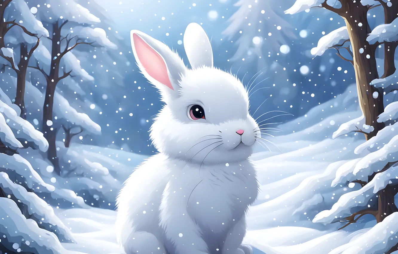Photo wallpaper forest, white, snow, hare, rabbit, Bunny, snowfall, hare