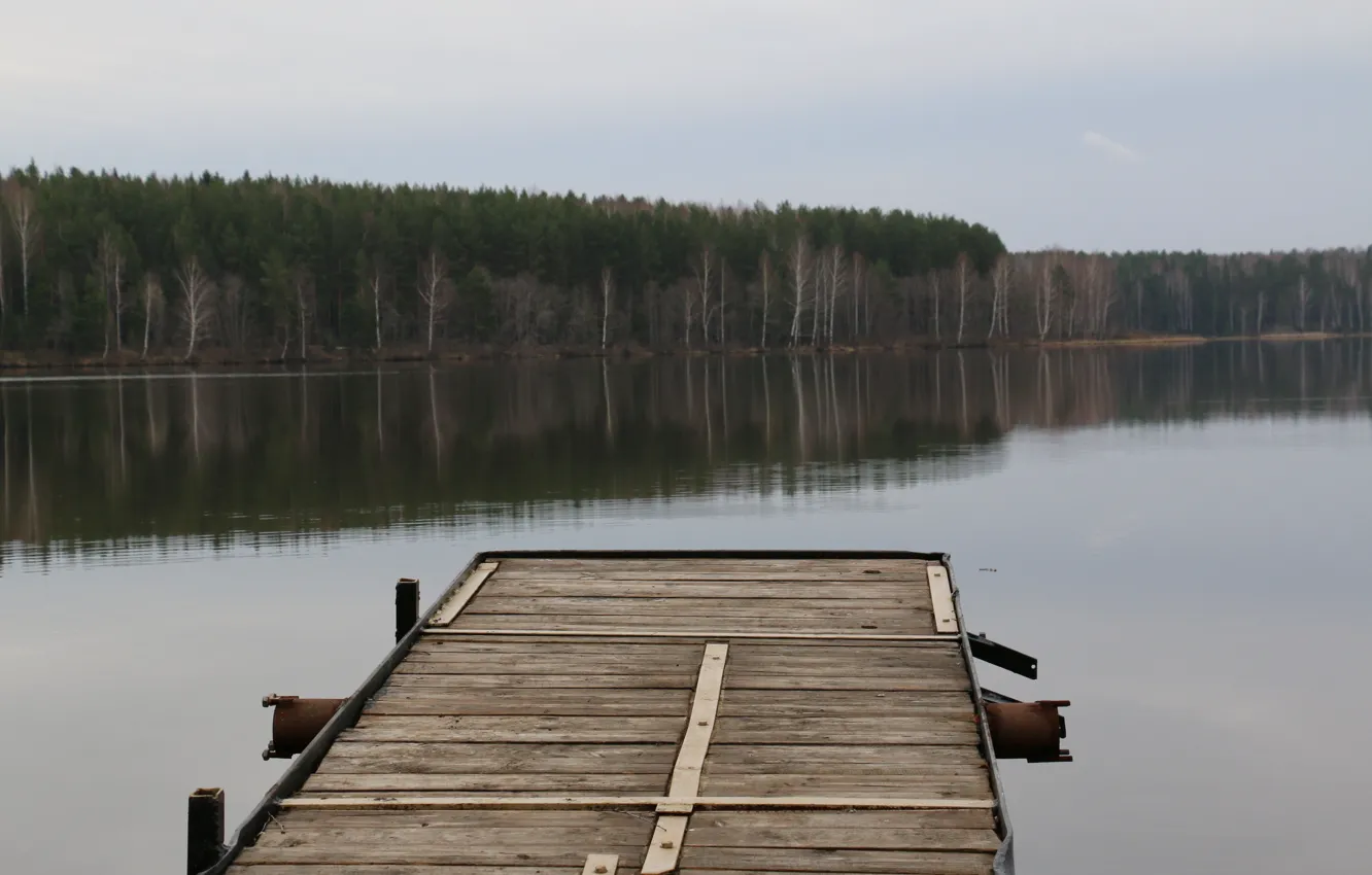 Photo wallpaper forest, bridge, lake, pond, reflection, overcast, old