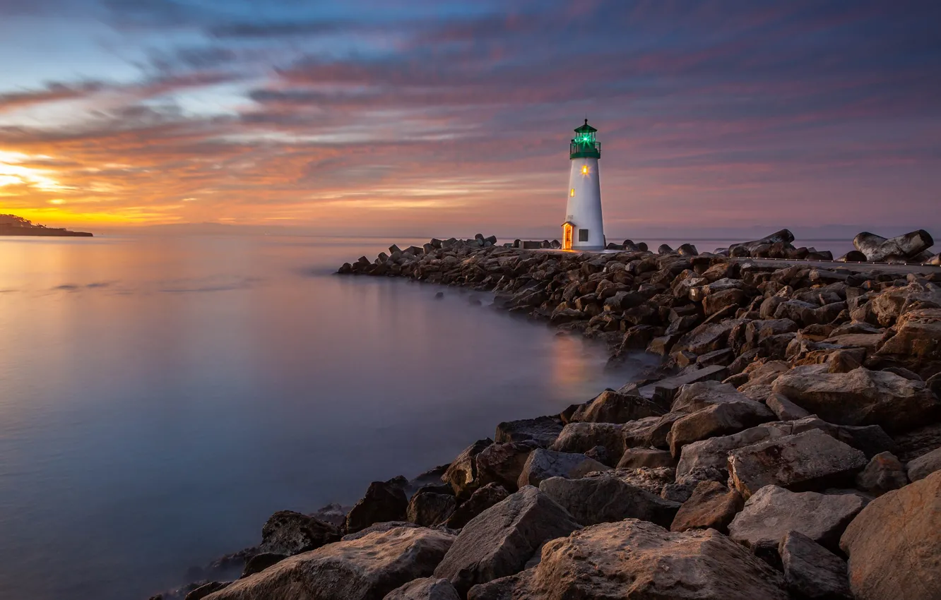Photo wallpaper sea, the sky, clouds, light, sunset, stones, shore, lighthouse