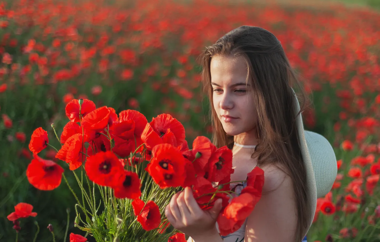 Photo wallpaper field, summer, look, girl, flowers, red, nature, face