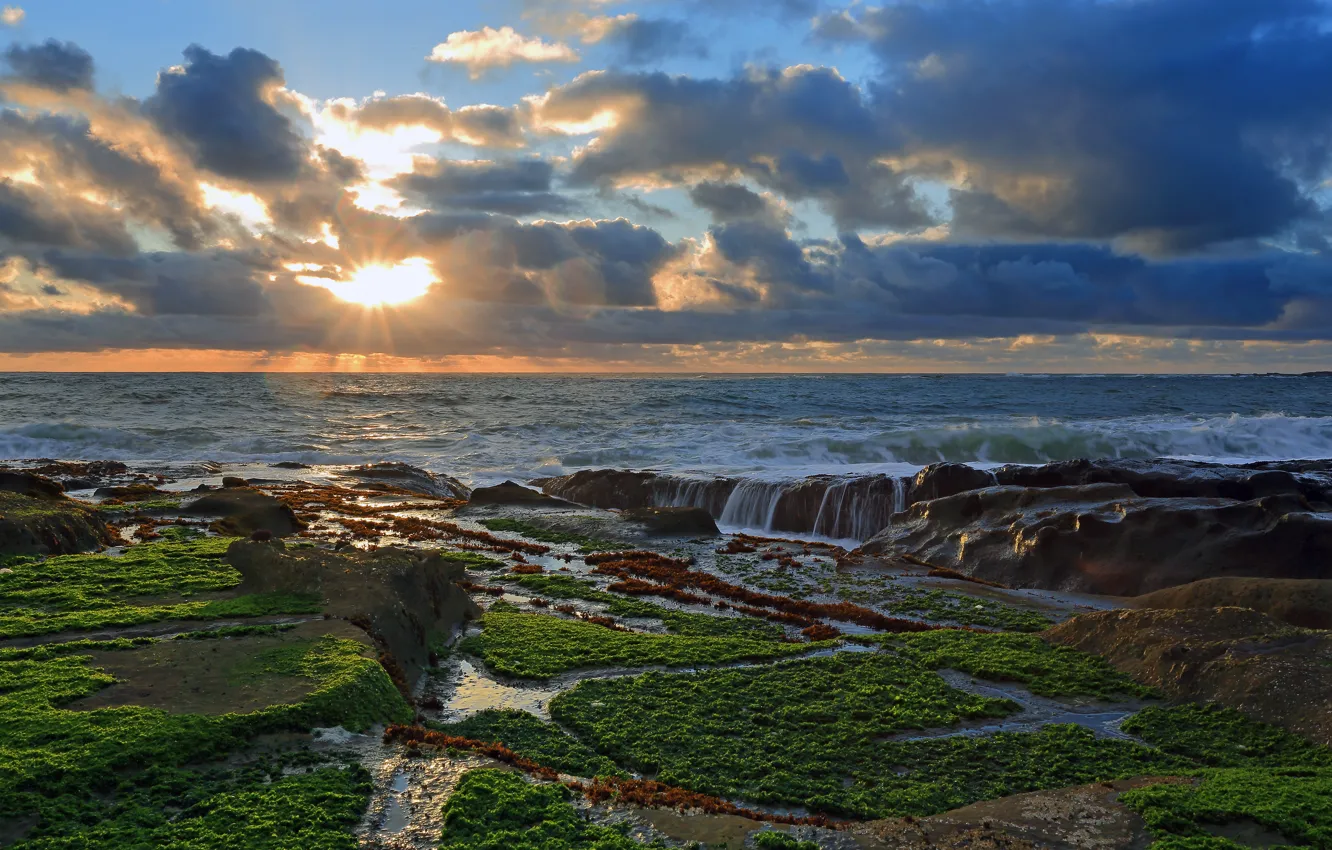 Photo wallpaper clouds, sunset, stones, coast, The Pacific ocean