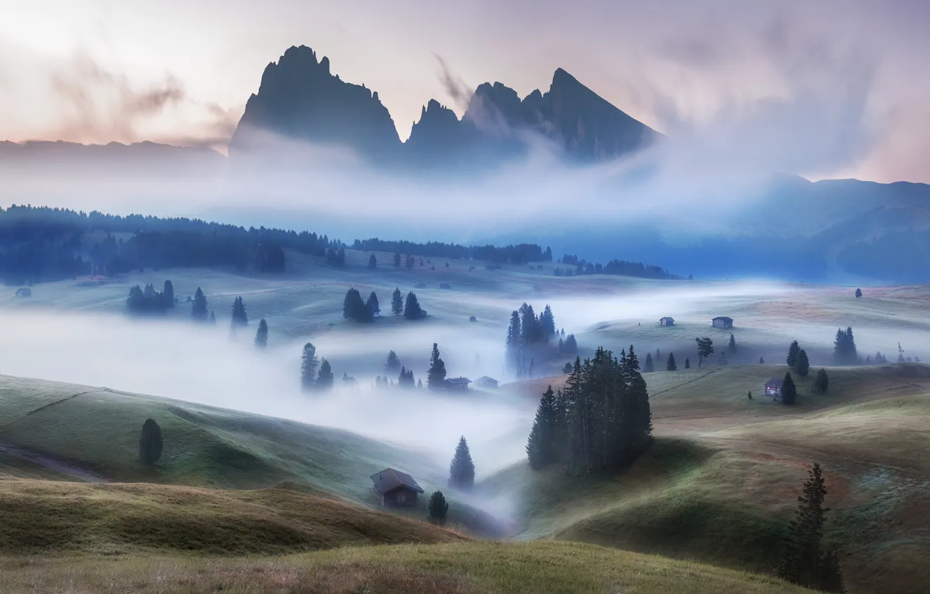 Photo wallpaper mountains, fog, morning