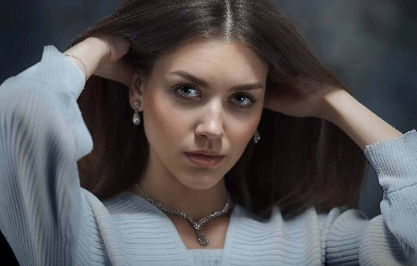 Photo wallpaper look, girl, decoration, face, pose, portrait, hands, long hair