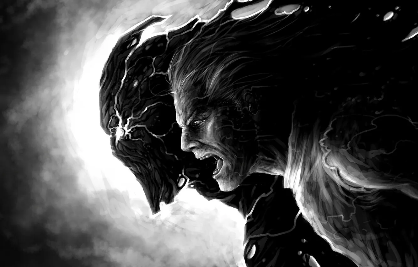 Photo wallpaper cracked, people, monster, art, profile, black and white, monochrome