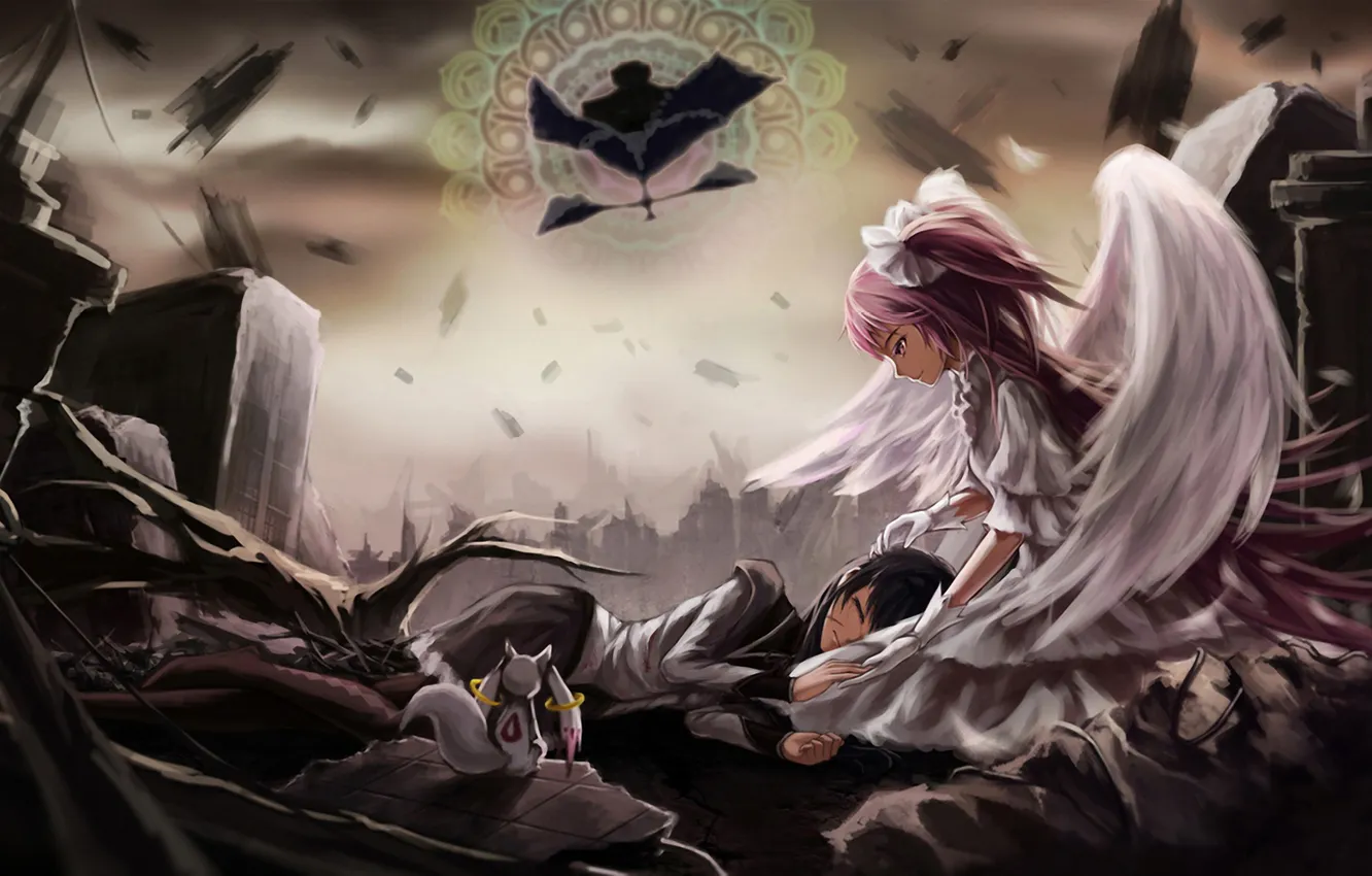 Photo wallpaper girl, angel, ruins, animal