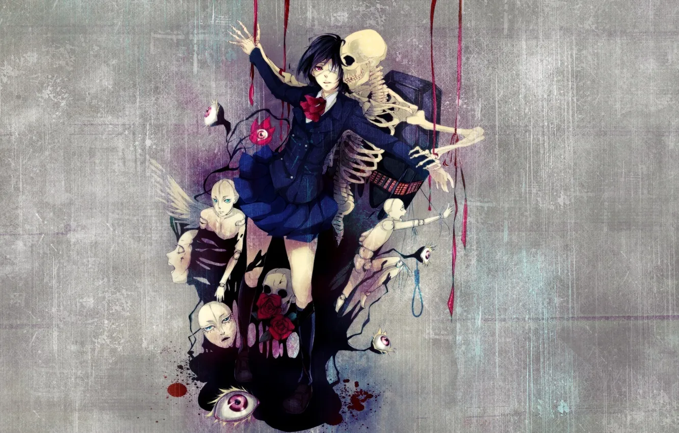 Photo wallpaper skull, roses, doll, art, skeleton, school uniform, art, other