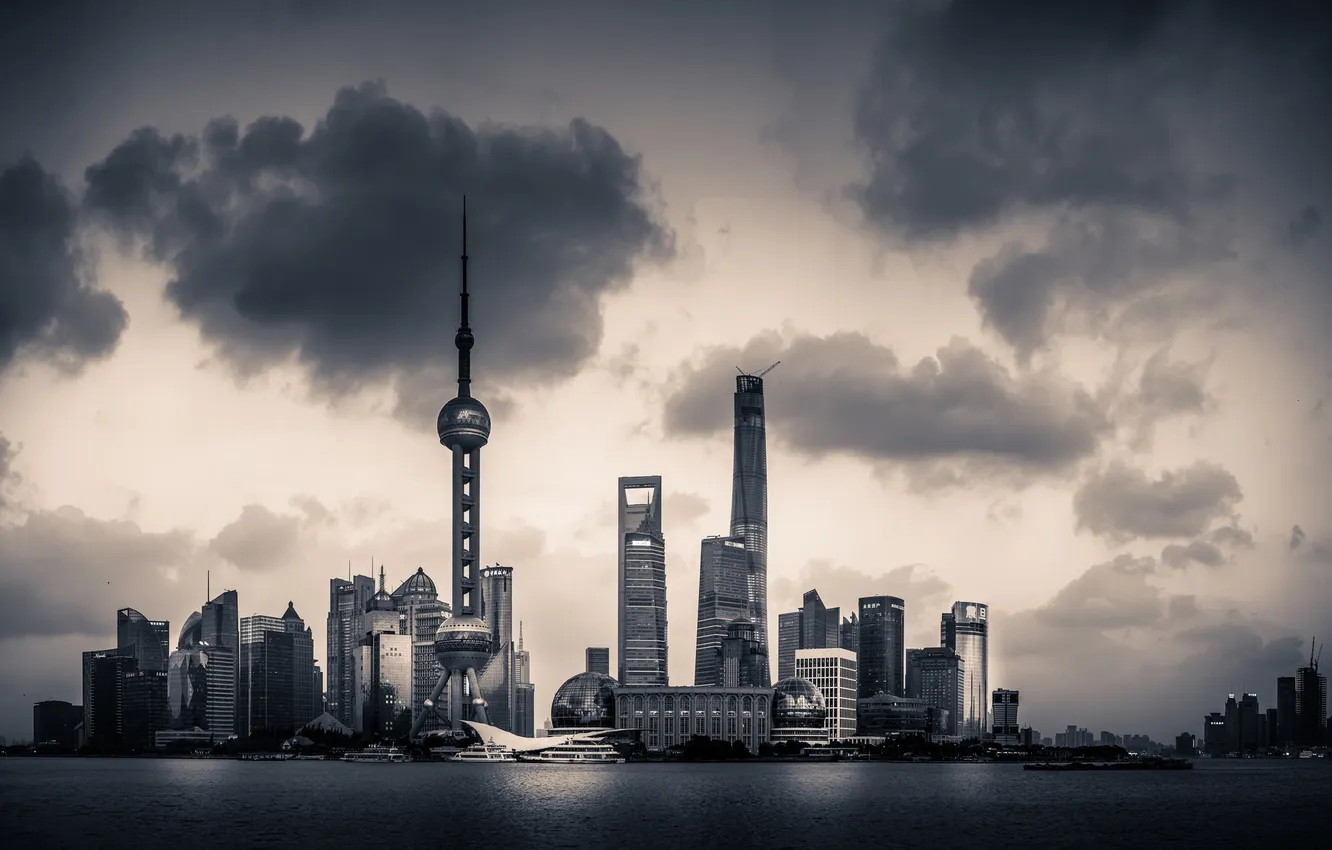 Photo wallpaper clouds, river, horizon, China, Shanghai, Oriental Pearl Tower, Shanghai Tower, Shanghai World Financial Center