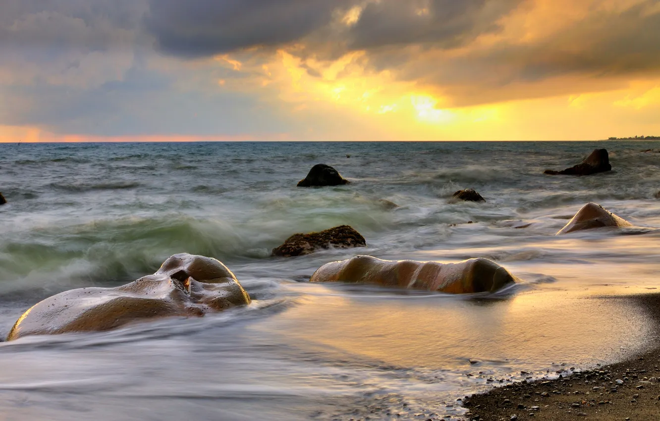 Photo wallpaper sand, sea, sunset, clouds, stones, horizon, surf, blocks