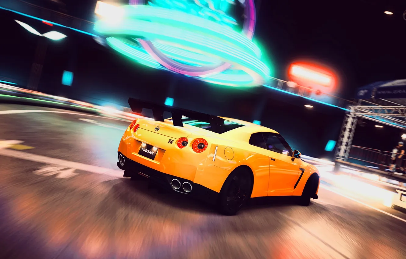 Photo wallpaper night, yellow, neon, turn, signs, Nissan, GT-R, yellow