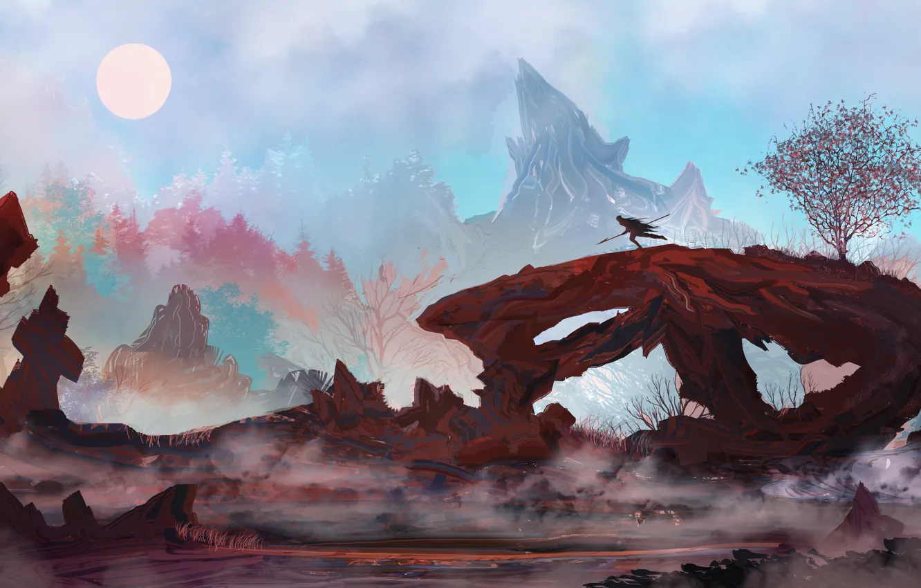 Photo wallpaper the sun, landscape, mountains, figure, warrior, silhouette, art, landscapes