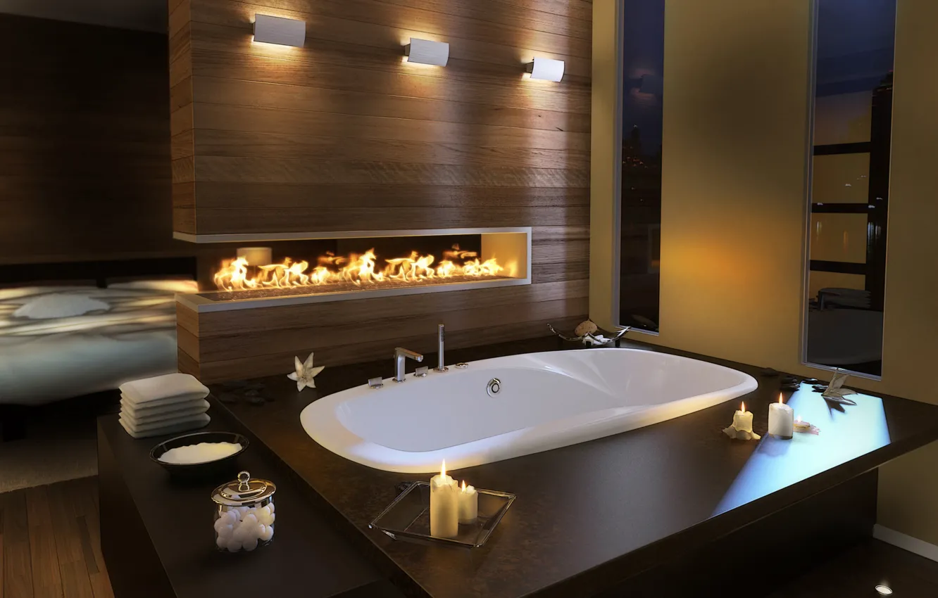 Photo wallpaper design, room, candles, bath, bathroom, fire., desigen, the interior