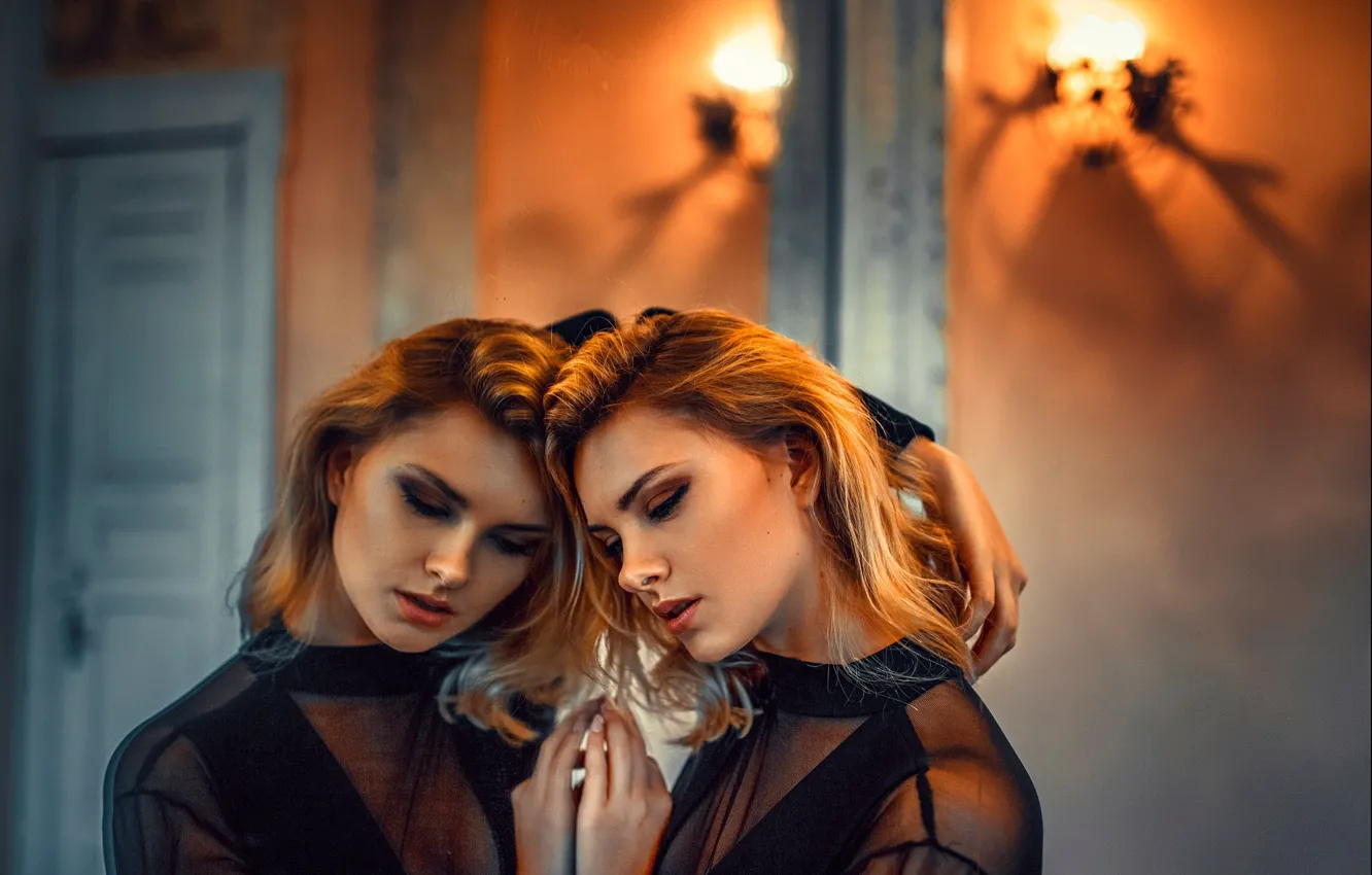 Photo wallpaper girl, light, face, reflection, portrait, mirror