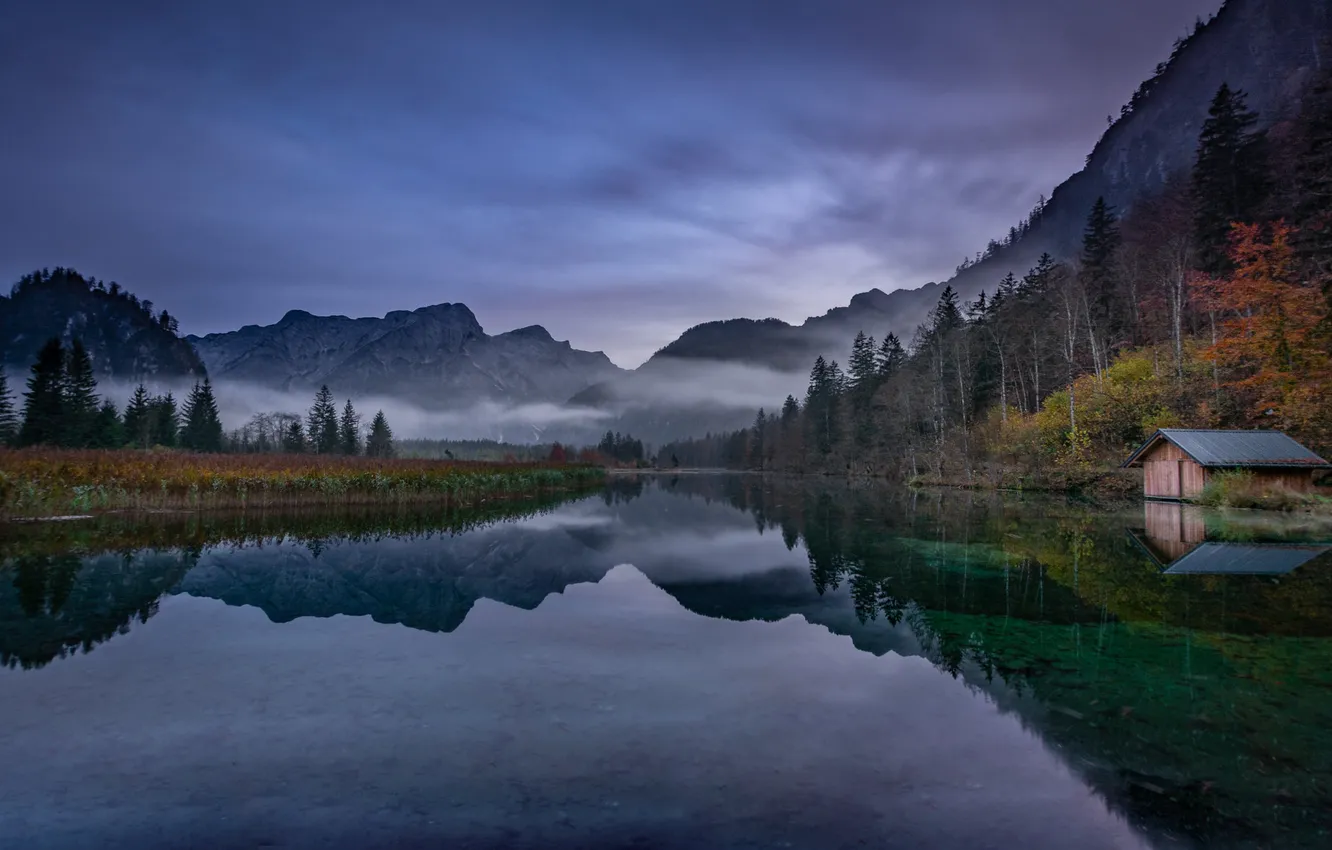 Photo wallpaper autumn, forest, the sky, clouds, mountains, clouds, fog, lake