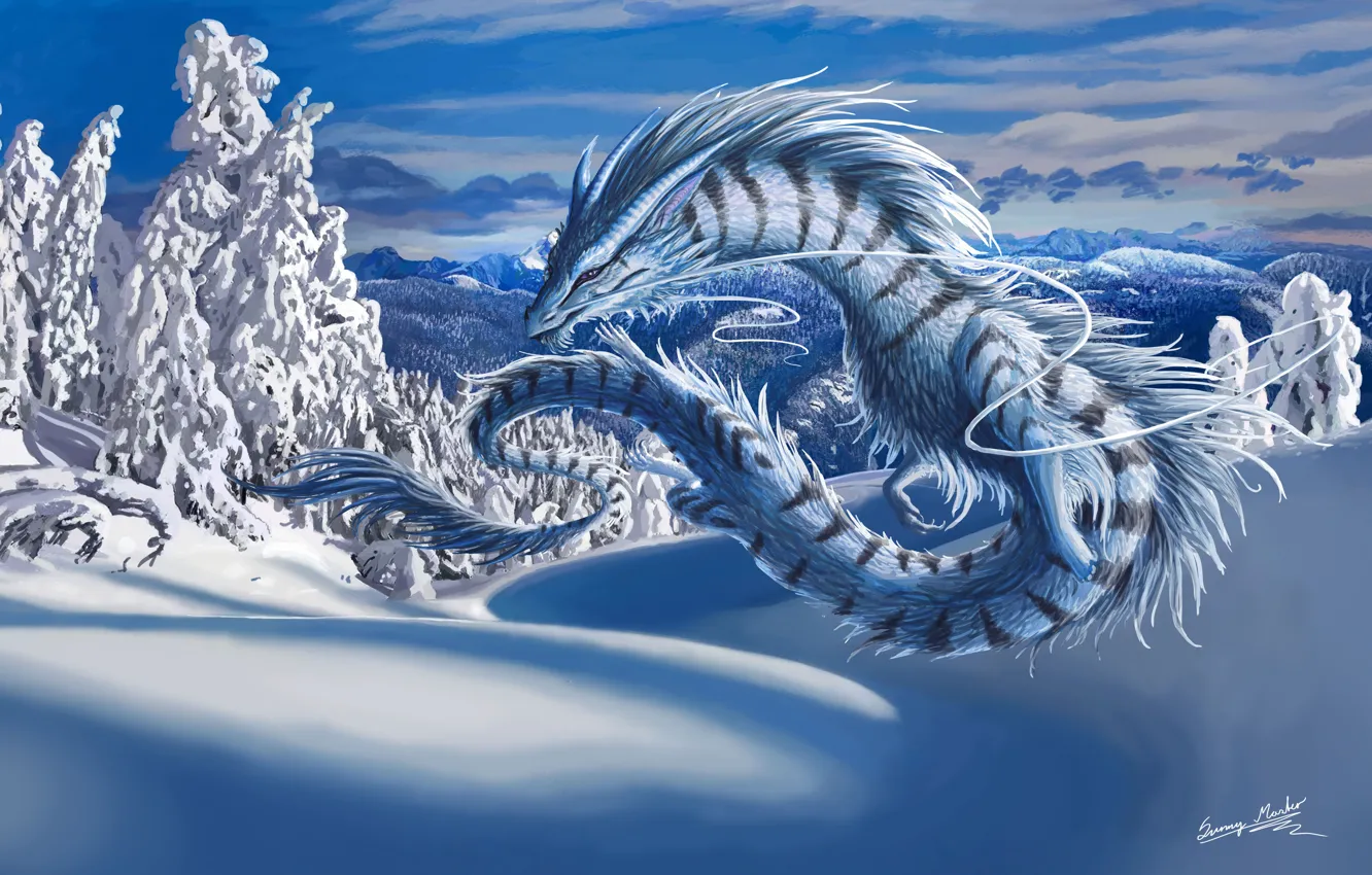 Photo wallpaper winter, snow, landscape, dragon