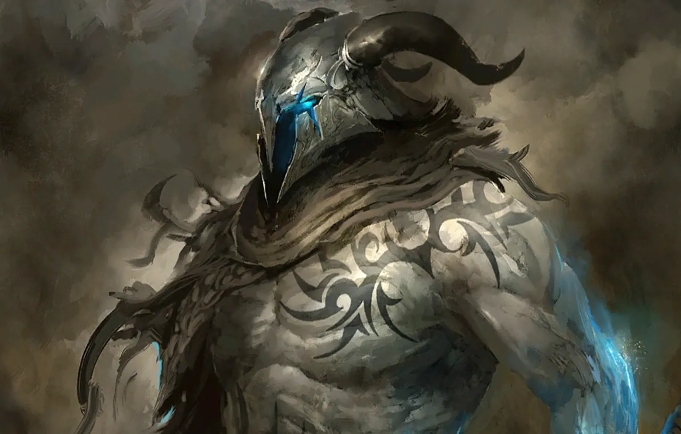 Photo wallpaper tattoo, horns, helmet, grey background, centaur, torso, arm, muscles