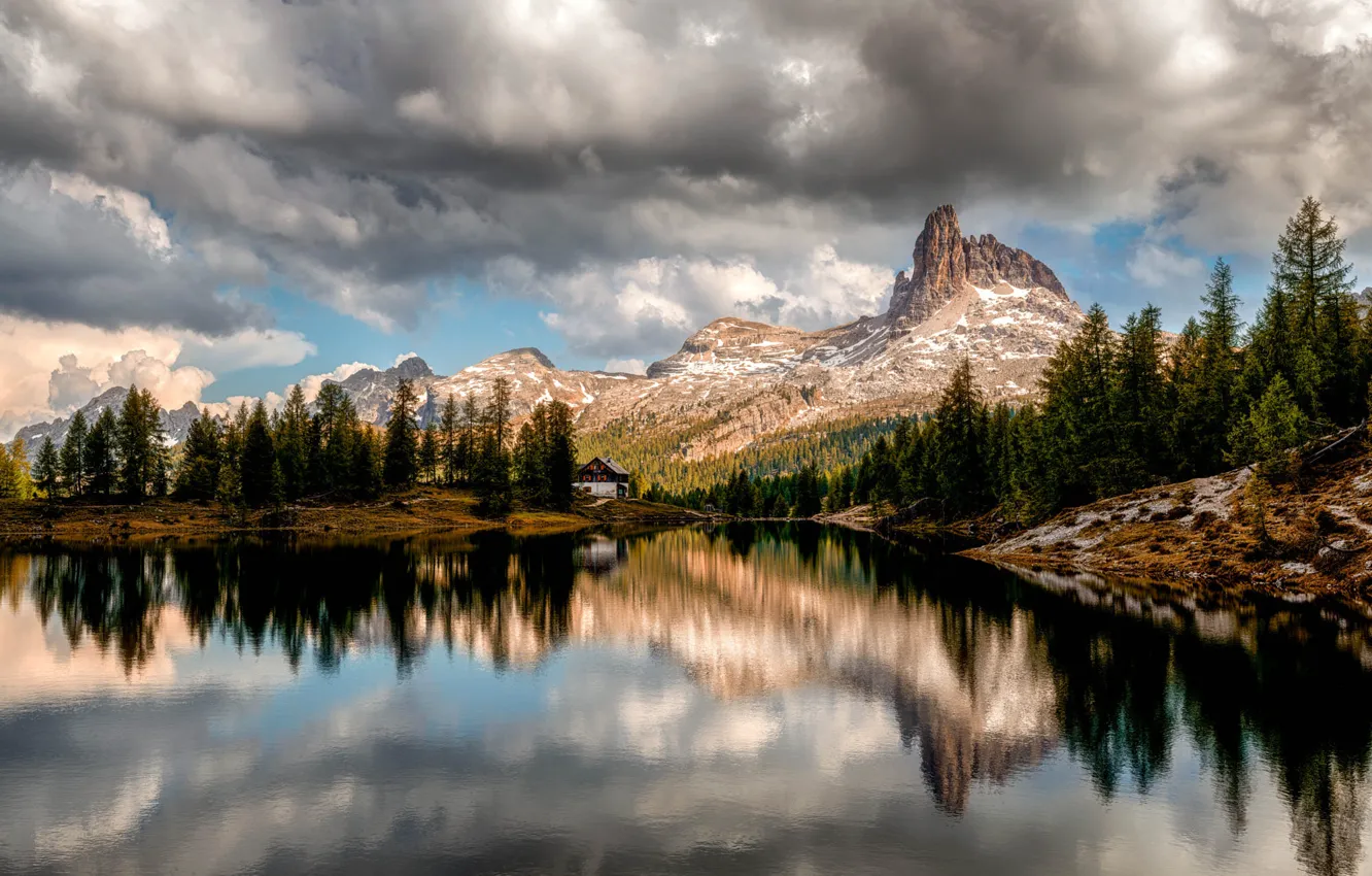 Photo wallpaper landscape, mountains, clouds, nature, lake, house, Italy, hut