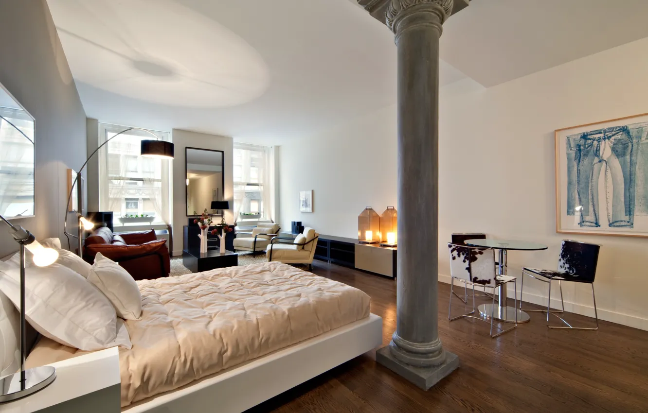 Photo wallpaper table, room, Wallpaper, bed, interior, picture, mirror, TV