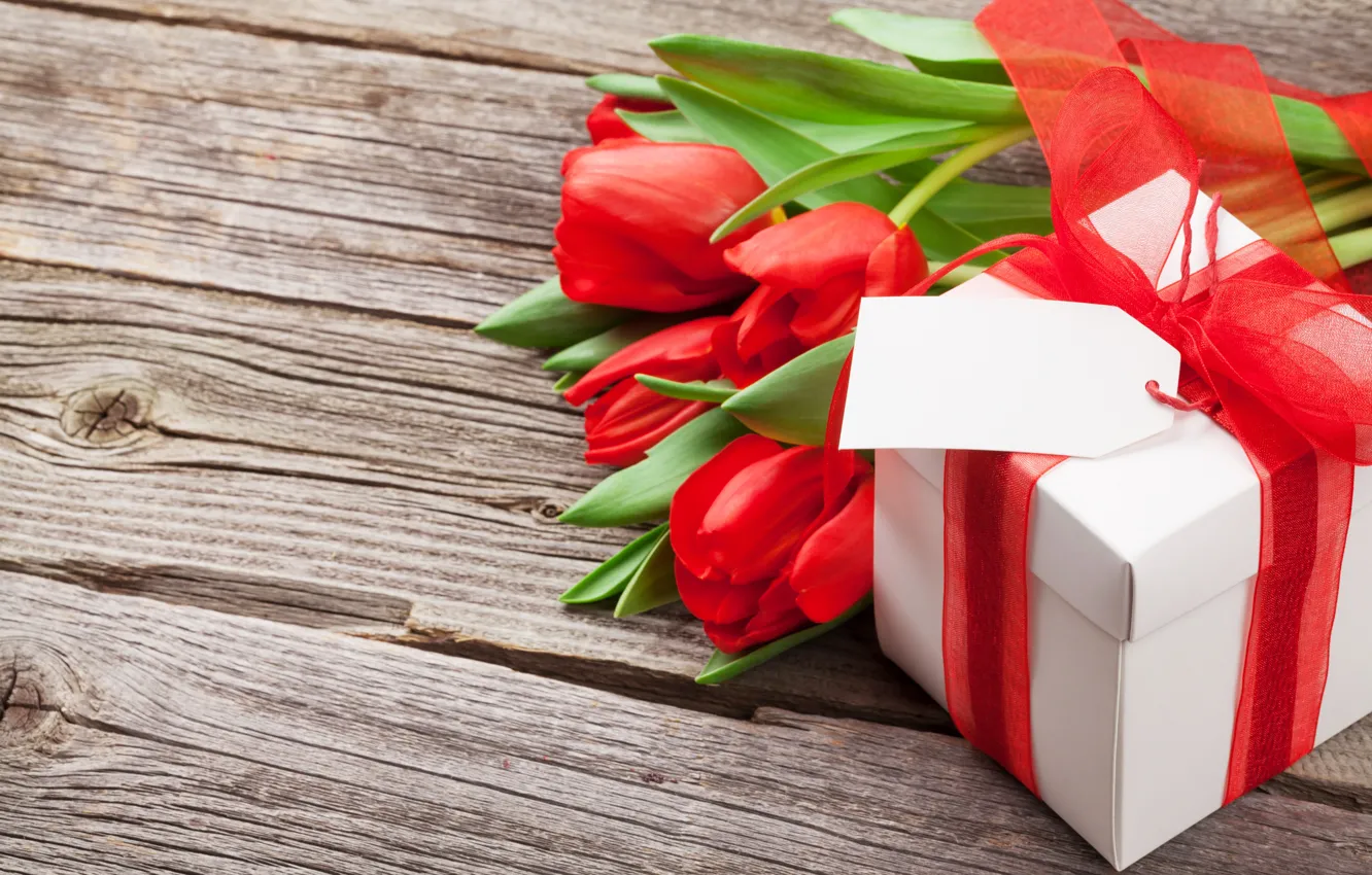 Photo wallpaper love, flowers, gift, bouquet, hearts, tulips, red, love