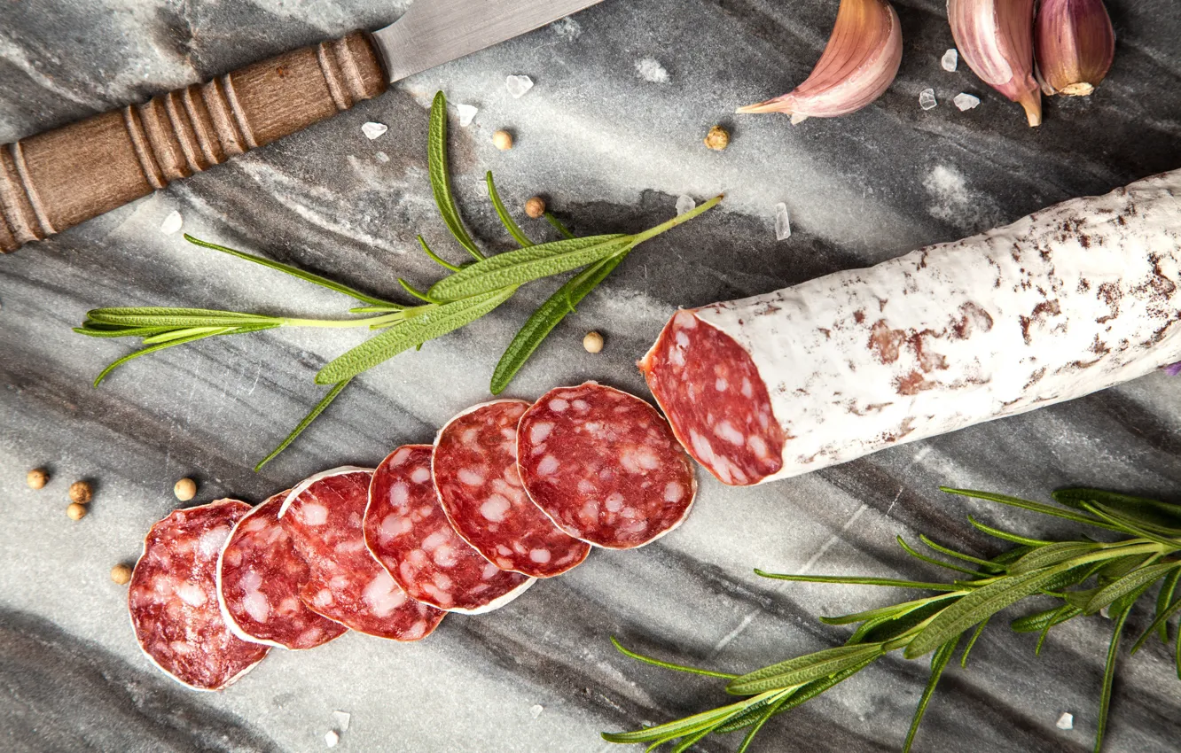 Photo wallpaper cutting, salt, seasoning, salami, sausage product