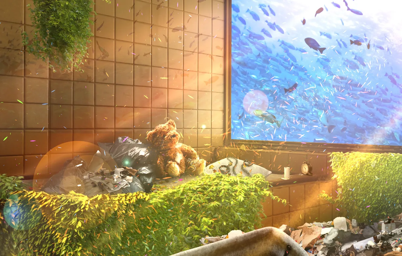 Photo wallpaper glass, fish, garbage, Teddy bear, abandoned room