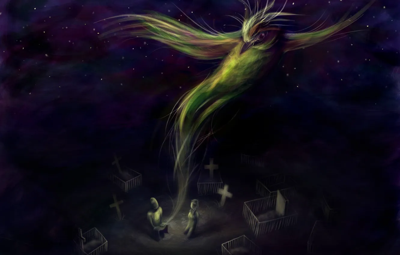 Photo wallpaper darkness, bird, cross, cemetery