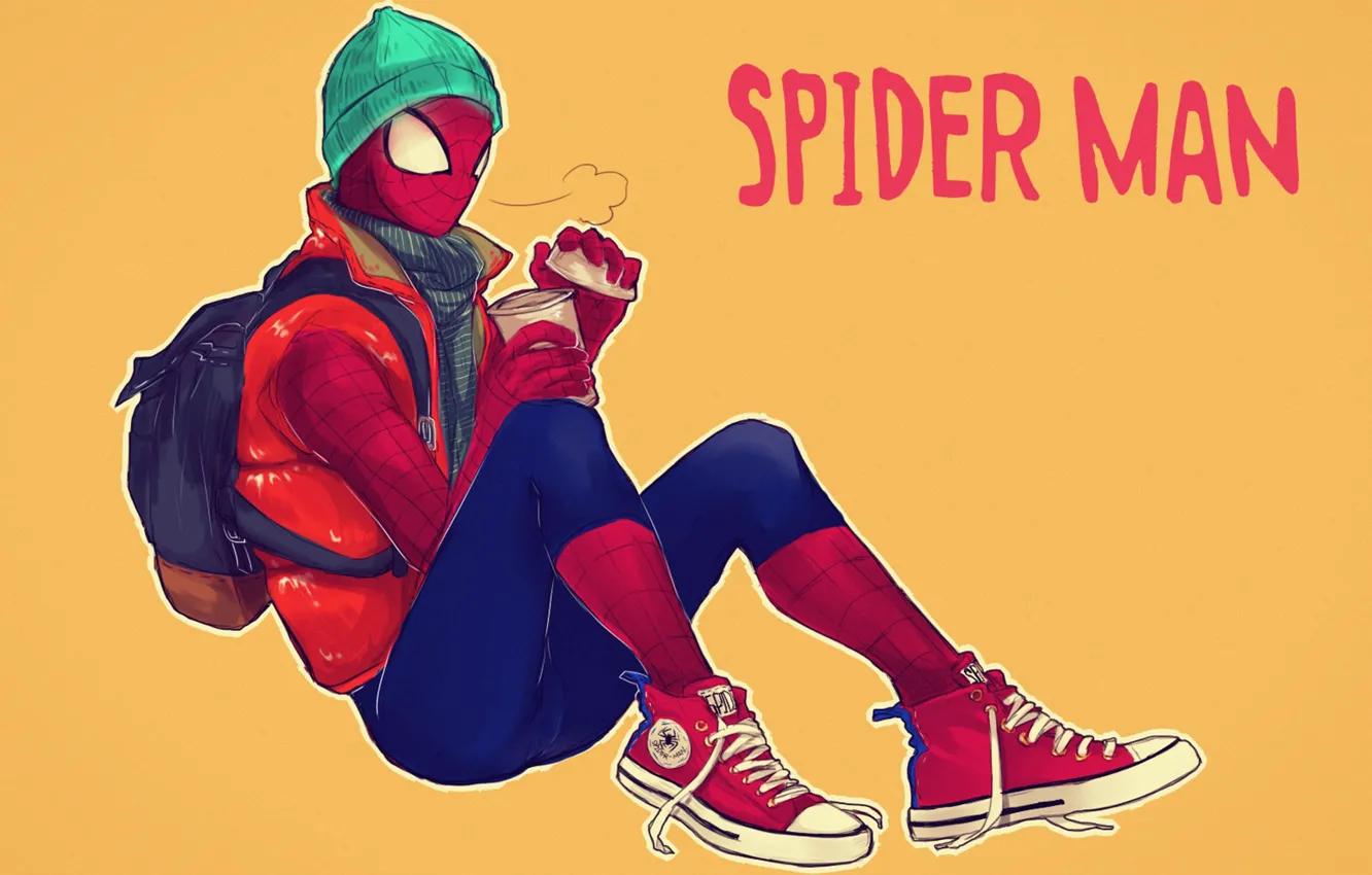 Photo wallpaper hat, coffee, backpack, sneakers, Marvel Comics, Spider-Man, Peter Parker