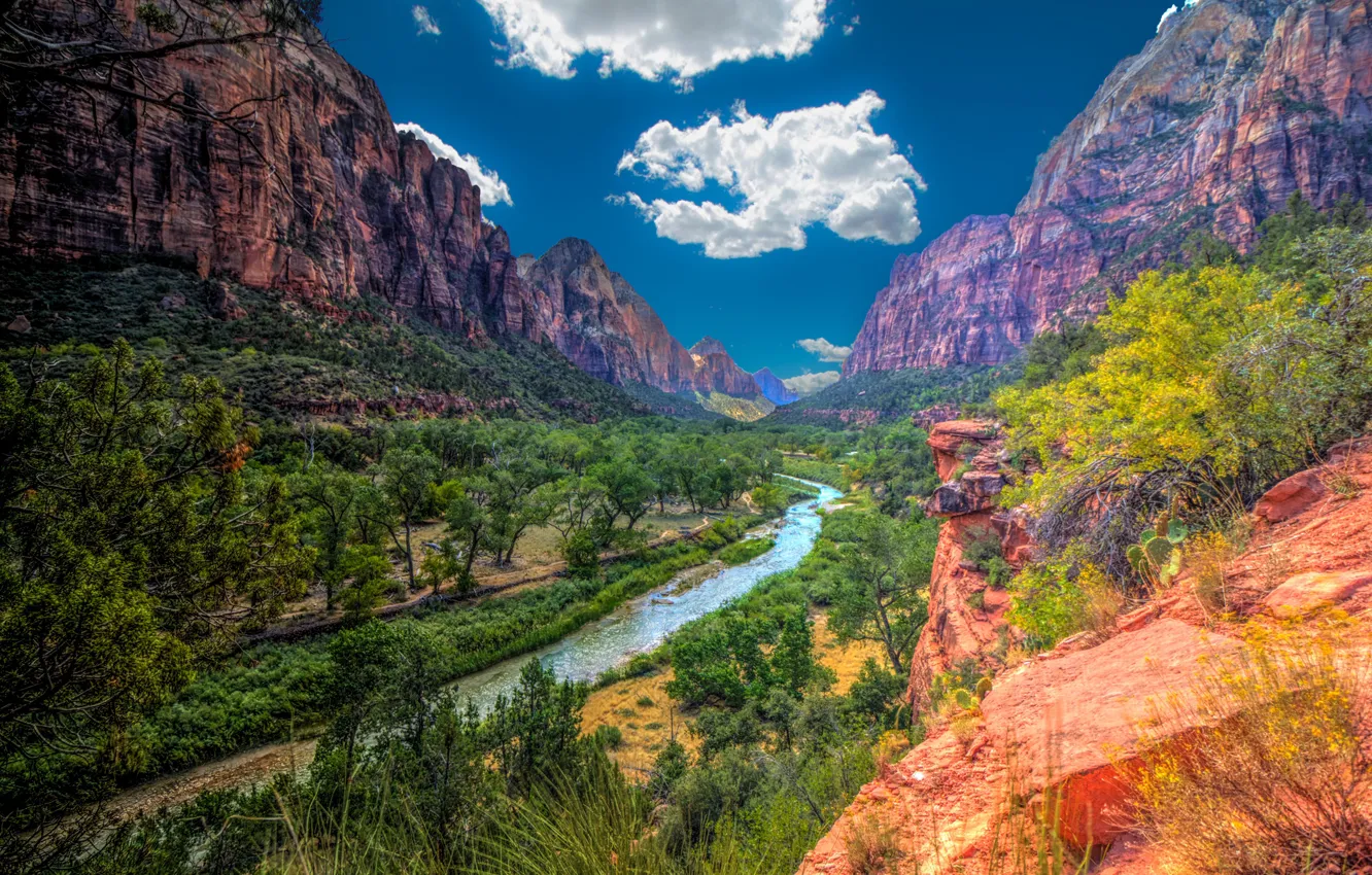 Photo wallpaper the sky, the sun, clouds, trees, mountains, river, stones, rocks
