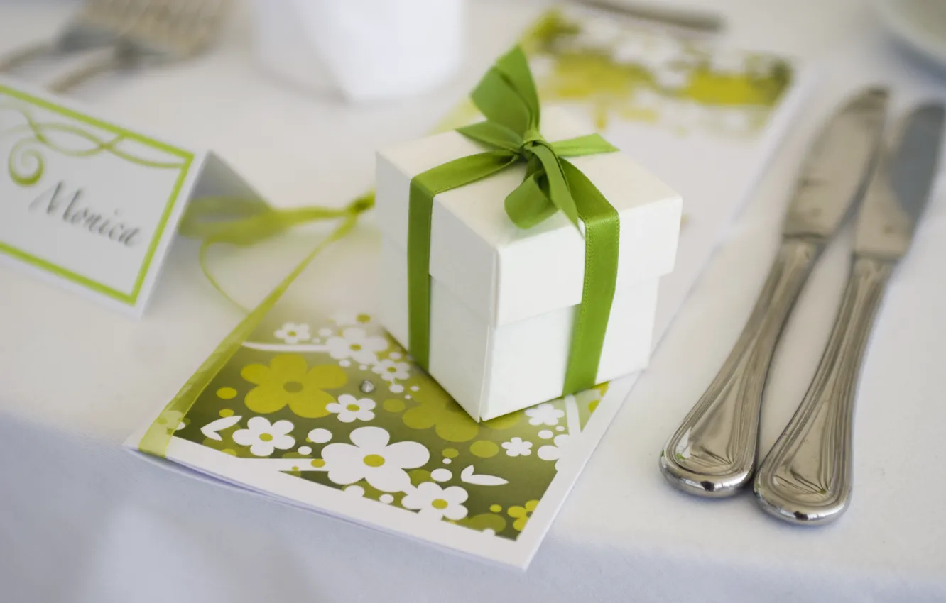 Photo wallpaper white, table, holiday, gift, devices, plate, bow, wedding