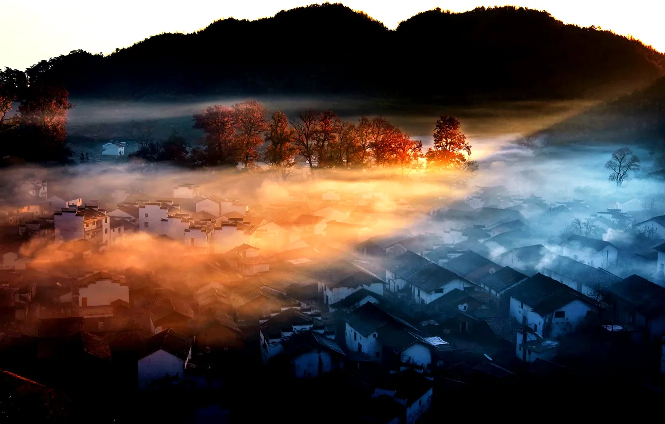 Photo wallpaper mountains, fog, home, China, Ubani