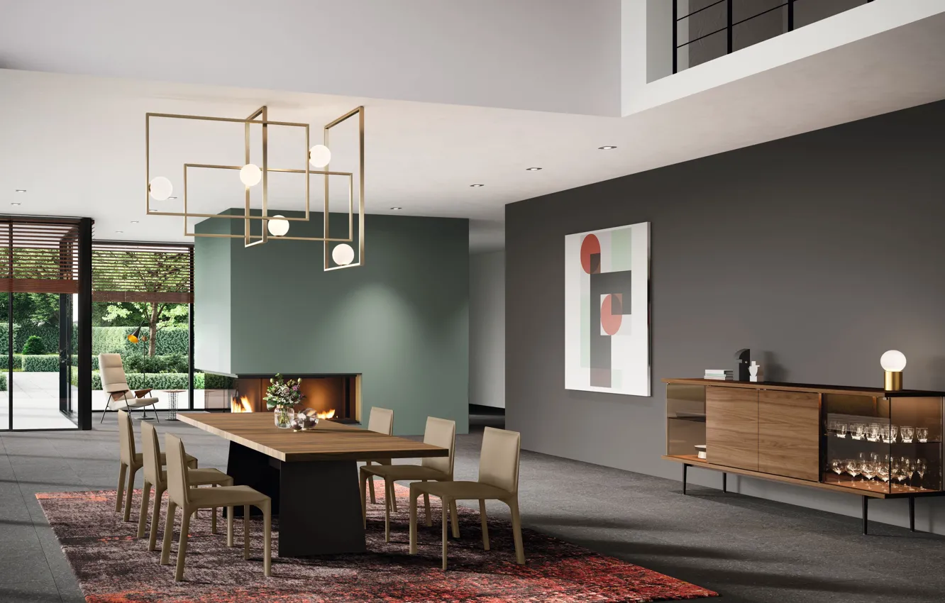 Photo wallpaper design, style, Villa, interior, fireplace, dining room