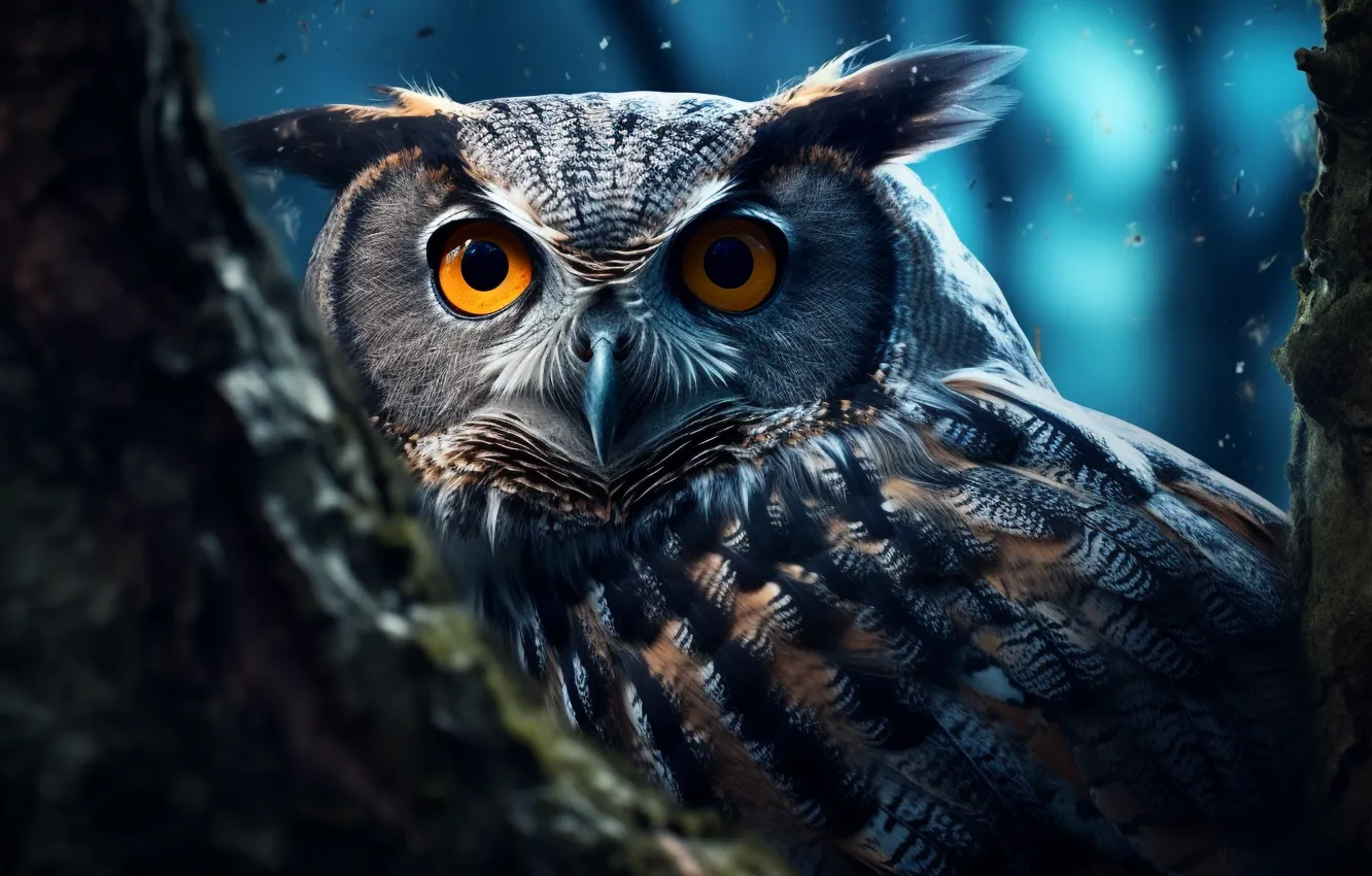 Photo wallpaper look, trees, night, nature, the dark background, owl, bird, portrait