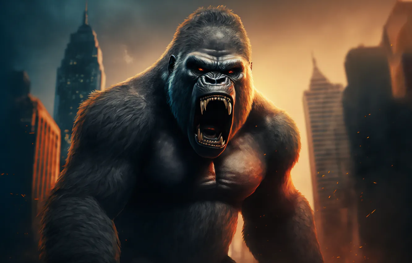 Photo wallpaper city, King Kong, building, Illustration, angry, AI Art