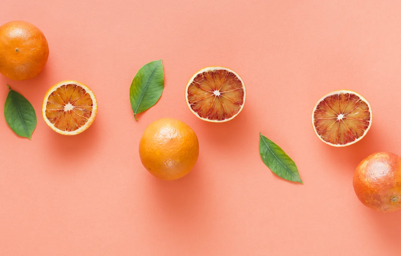 Photo wallpaper leaves, background, orange, pink background, grapefruit, composition, red orange, cut in half
