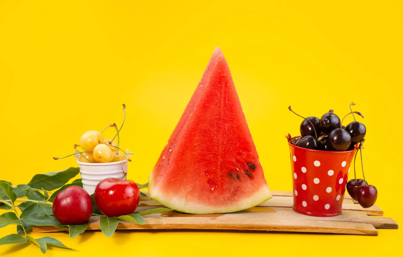 Photo wallpaper watermelon, cherry, bucket