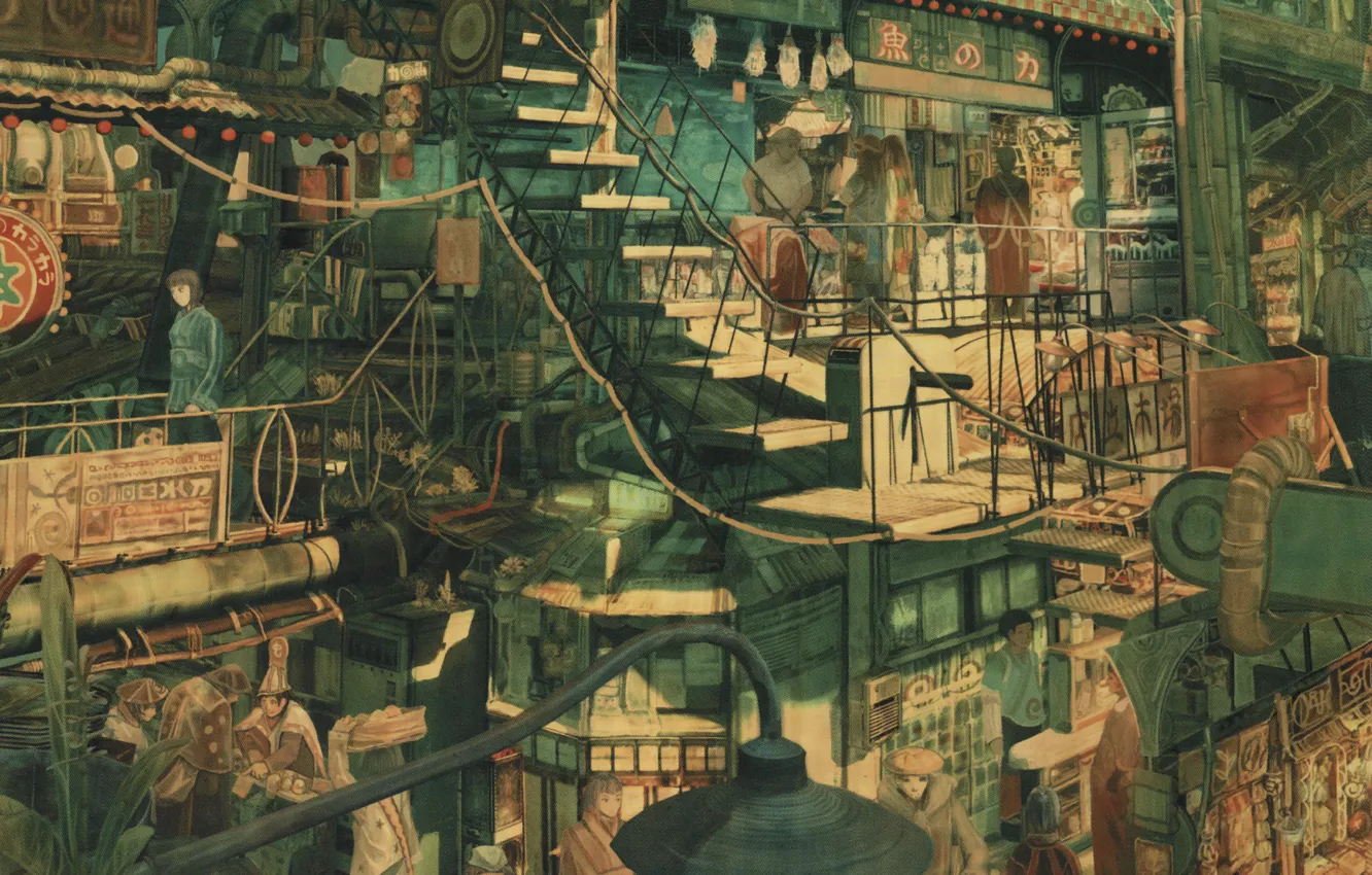 Photo wallpaper pipe, the city, people, street, ladder, Art, stores, Imperial Boy (Teikaku Shounen)