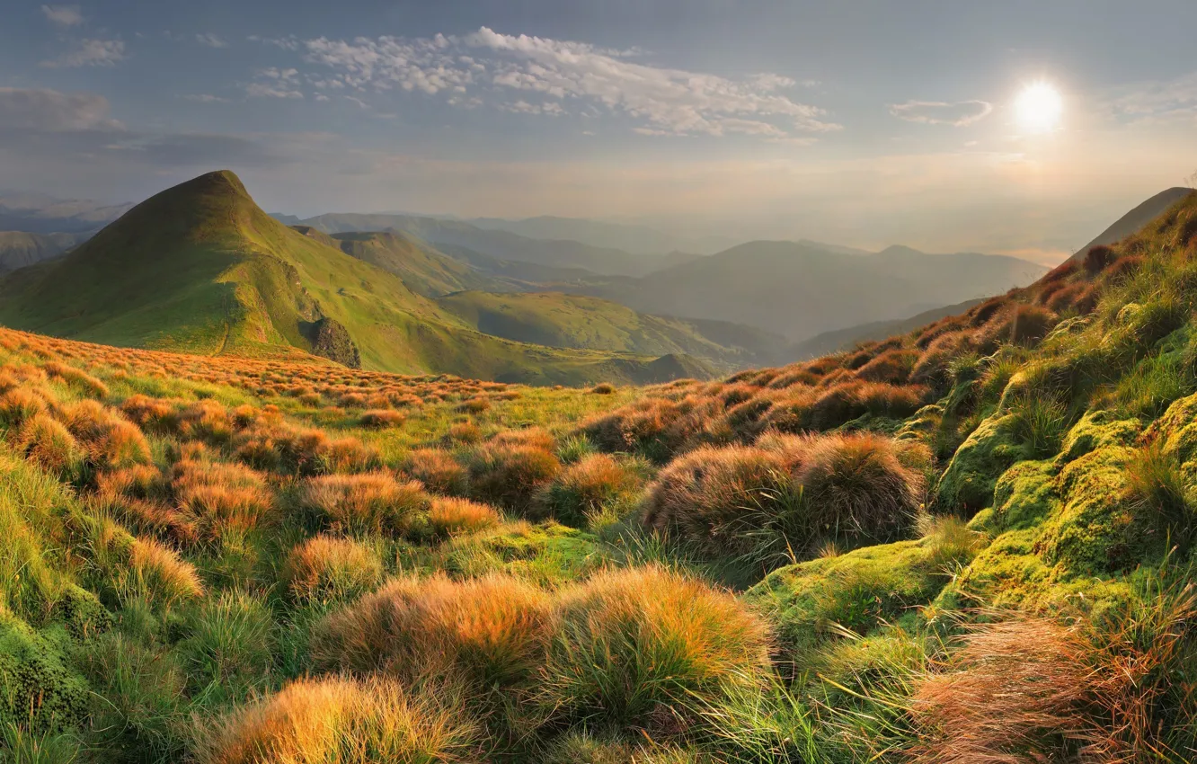 Photo wallpaper autumn, the sun, clouds, mountains, bright, slope, horizon, widescreen Wallpaper