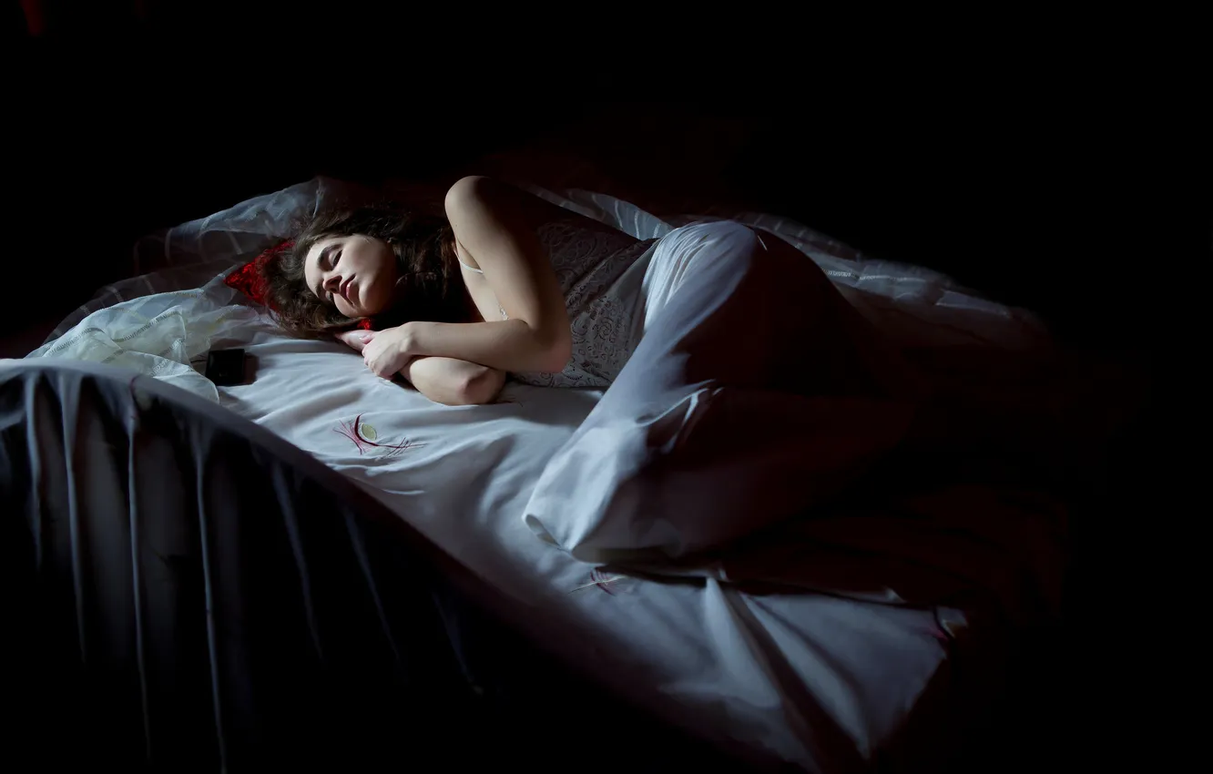Photo wallpaper light, Girl, shadow, sleeping, lies, on the bed