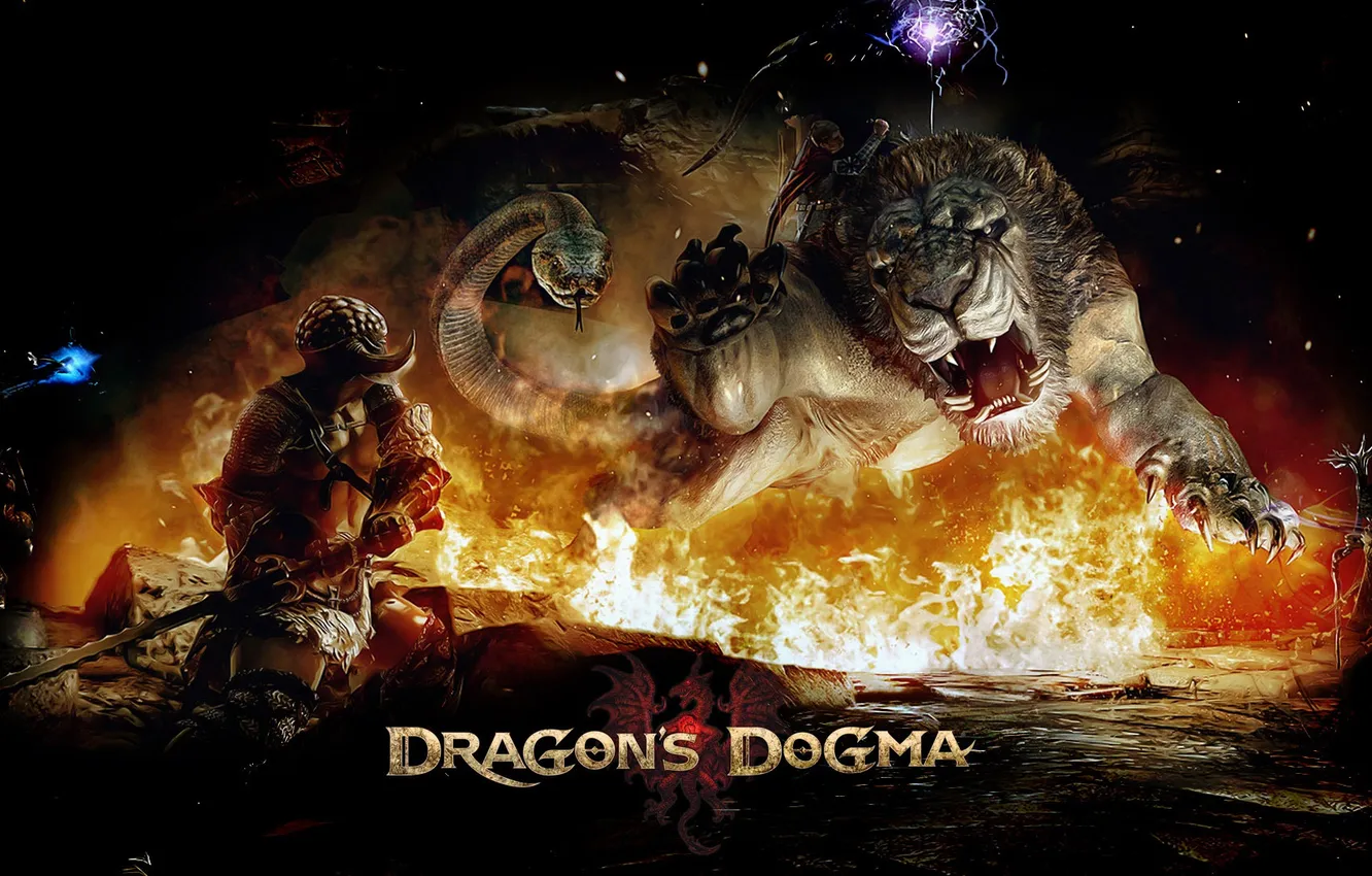 Photo wallpaper lights, flame, the game, snake, Leo, warrior, Dragons Dogma1