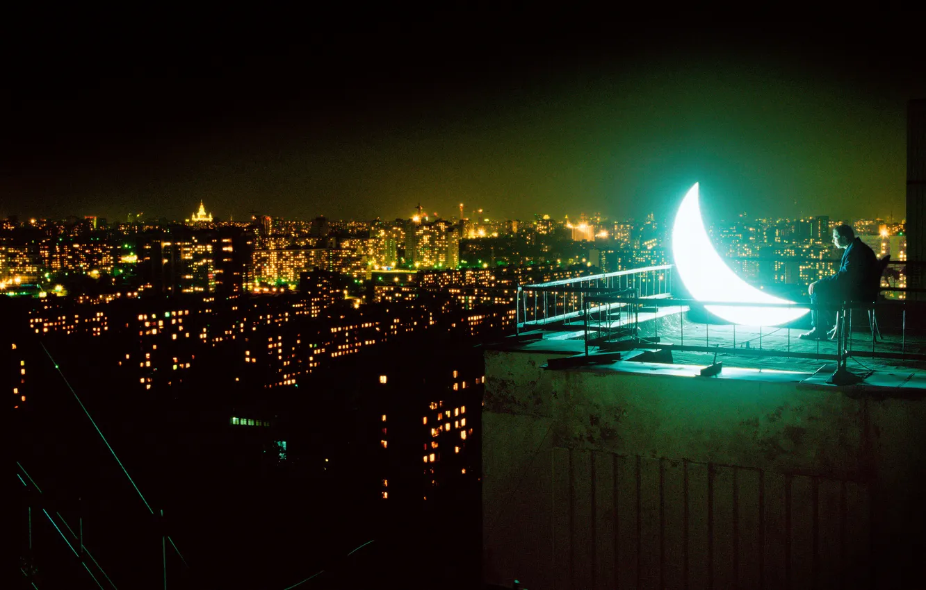 Photo wallpaper light, night, the city, lights, darkness, the moon, people, Windows