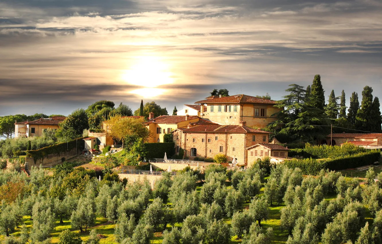 Photo wallpaper the sky, the sun, trees, sunset, home, Italy, Tuscany