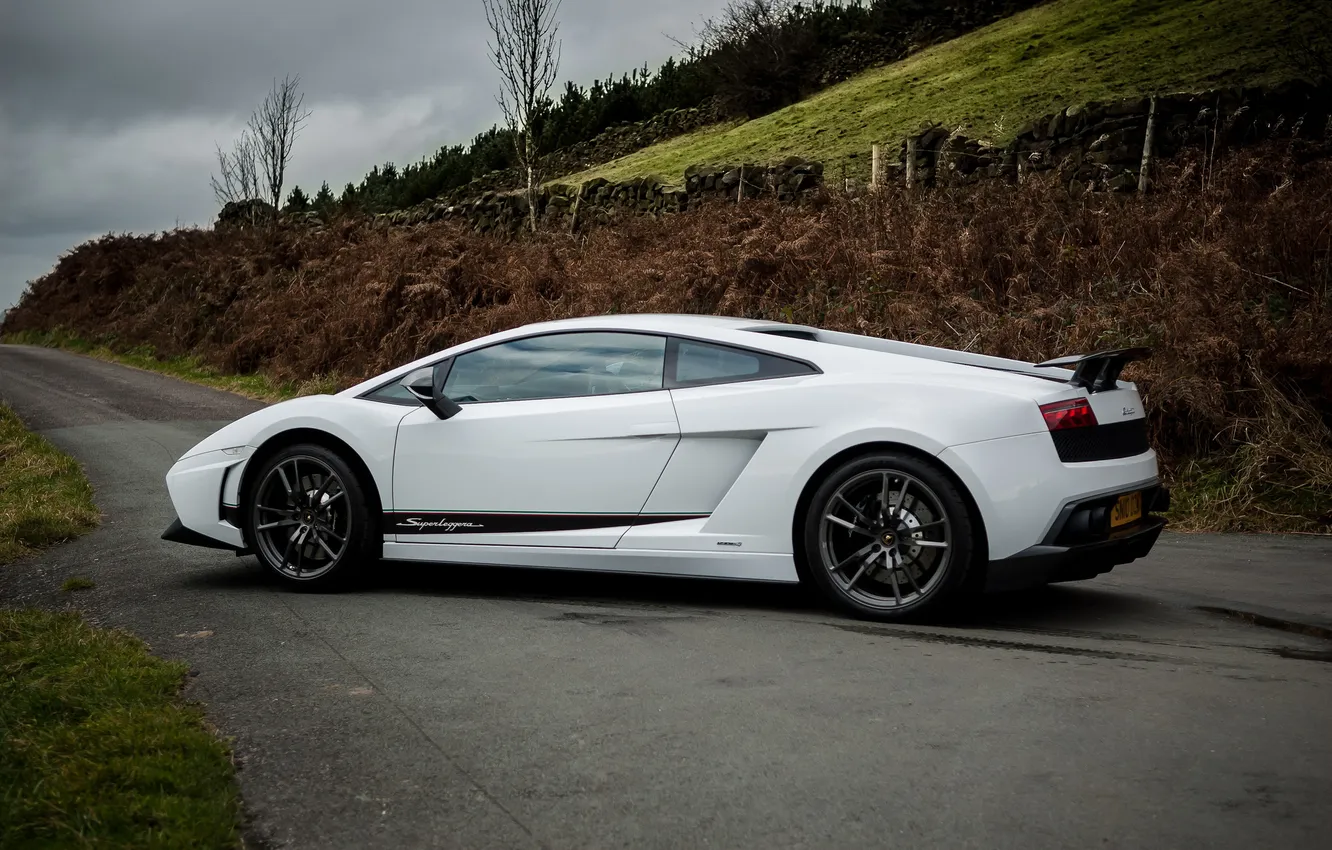 Photo wallpaper white, the sky, trees, clouds, reflection, Lamborghini, slope, white